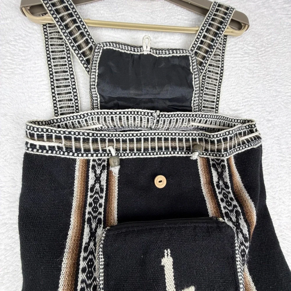 Peruvian Woven Llama Backpack Black Artisan Boho Andean Drawstring Bag